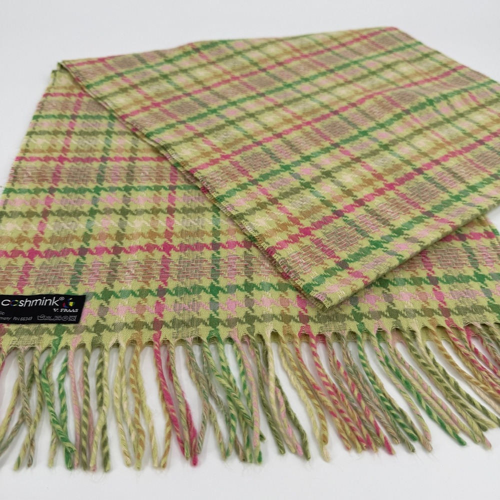 V. Fraas Scarf Cashmink Houndstooth Plaid 90s Vintage Women OS Green Pink Tan